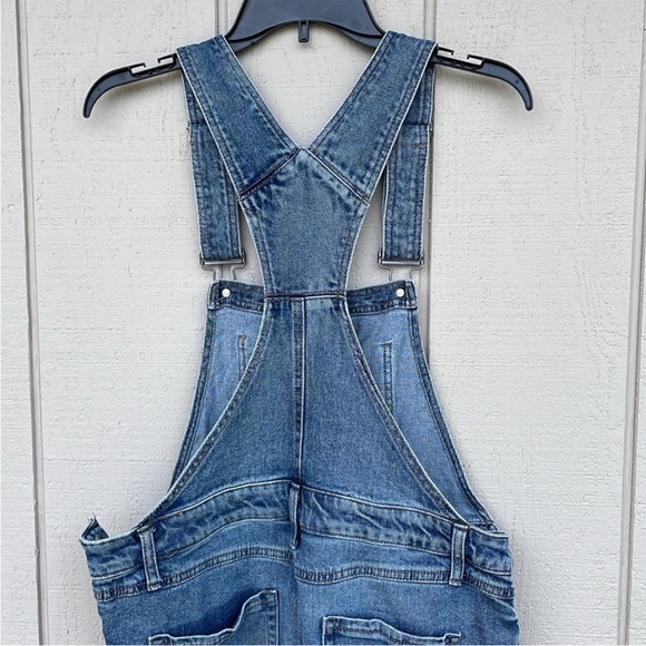 Happily Grey Overalls Button Sides Raw Hem Flare Legs Jean Overalls Denim - Picture 5 of 8